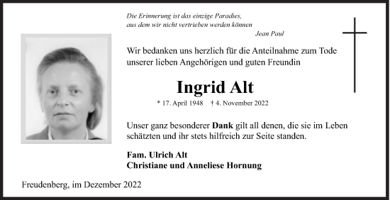 Traueranzeige von Ingrid Alt von Siegener Zeitung
