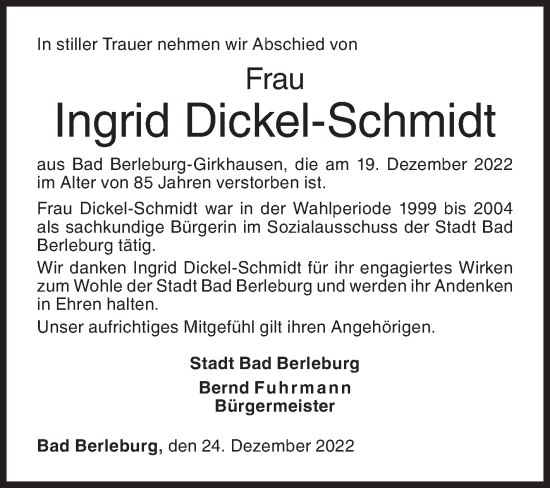Traueranzeige von Ingrid Dickel-Schmidt von Siegener Zeitung