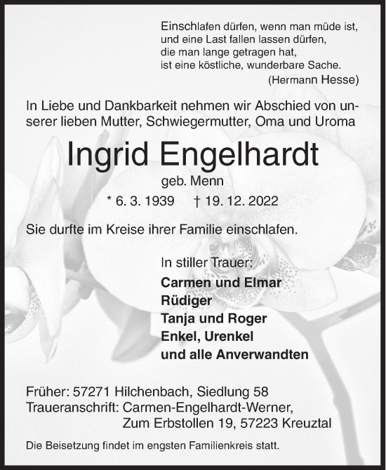 Traueranzeige von Ingrid Engelhardt von Siegener Zeitung