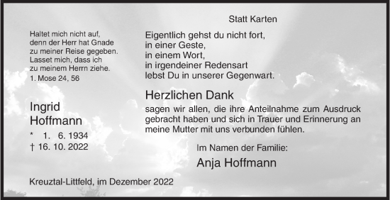 Traueranzeige von Ingrid Hoffmann von Siegener Zeitung