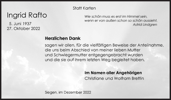 Traueranzeige von Ingrid Rafto von Siegener Zeitung
