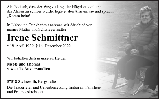Traueranzeige von Irene Schmittner von Siegener Zeitung