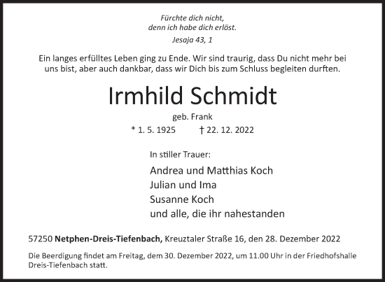 Traueranzeige von Irmhild Schmidt von Siegener Zeitung