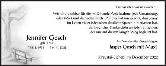 Traueranzeige von Jennifer Gosch von Siegener Zeitung