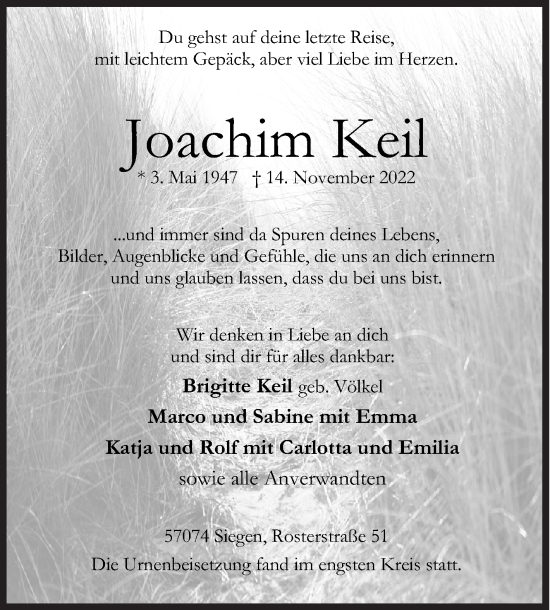 Traueranzeige von Joachim Keil von Siegener Zeitung