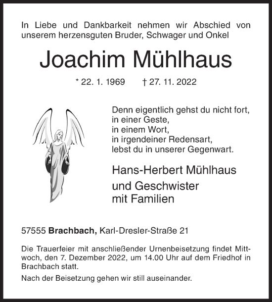 Traueranzeige von Joachim Mühlhaus von Siegener Zeitung