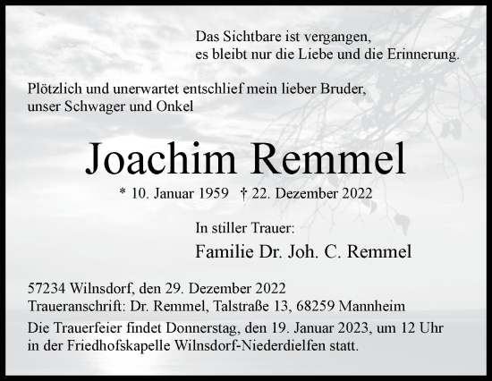 Traueranzeige von Joachim Remmel von Siegener Zeitung