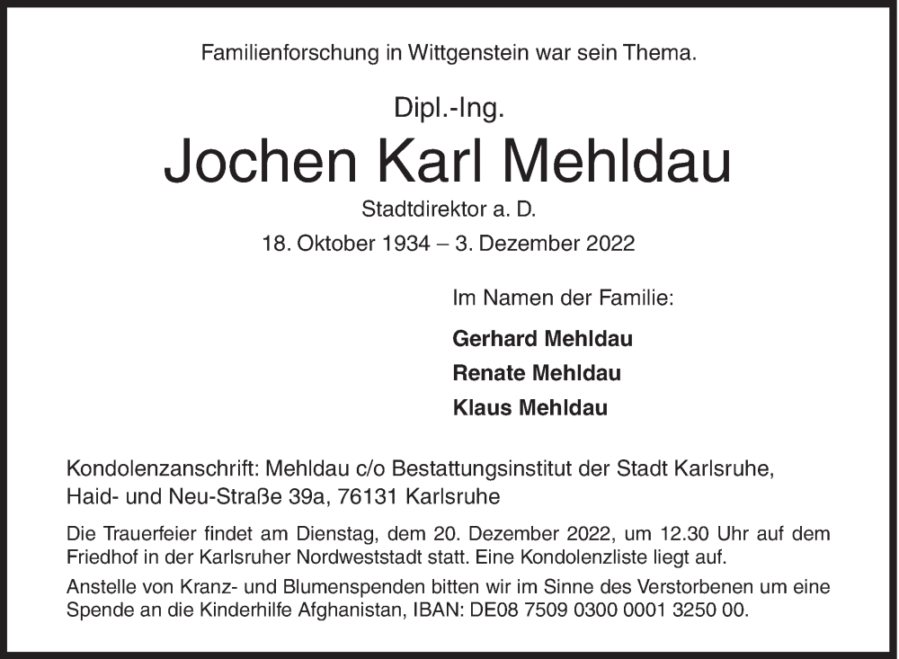  Traueranzeige für Jochen Karl Mehldau vom 10.12.2022 aus Siegener Zeitung