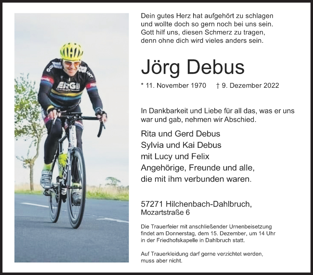  Traueranzeige für Jörg Debus vom 13.12.2022 aus Siegener Zeitung