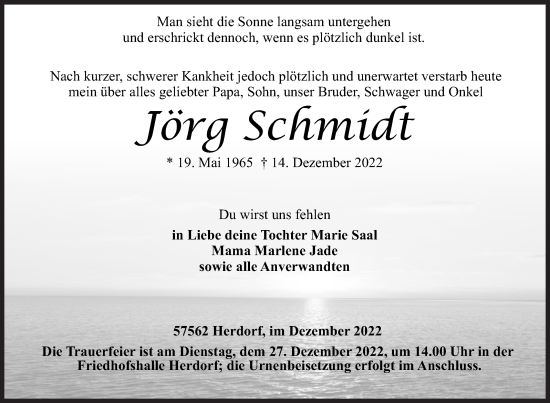 Traueranzeige von Jörg Schmidt von Siegener Zeitung