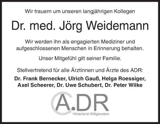 Traueranzeige von Jörg Weidemann von Siegener Zeitung