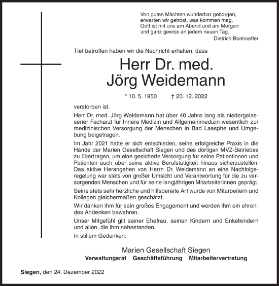 Traueranzeige von Jörg Weidemann von Siegener Zeitung