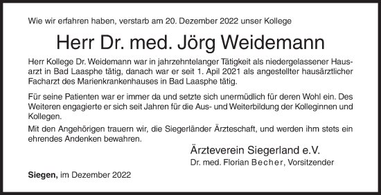 Traueranzeige von Jörg Weidemann von Siegener Zeitung