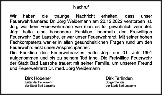Traueranzeige von Jörg Weidemann von Siegener Zeitung