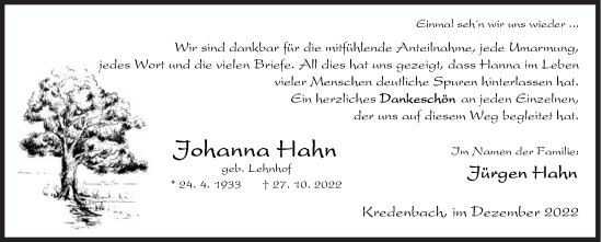Traueranzeige von Johanna Hahn von Siegener Zeitung