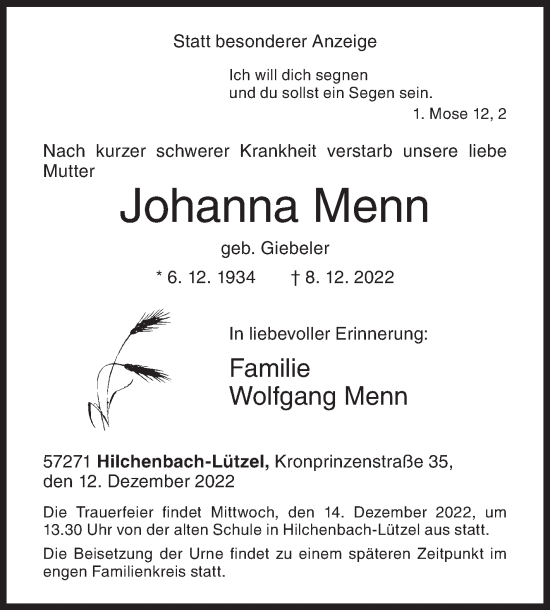 Traueranzeige von Johanna Menn von Siegener Zeitung
