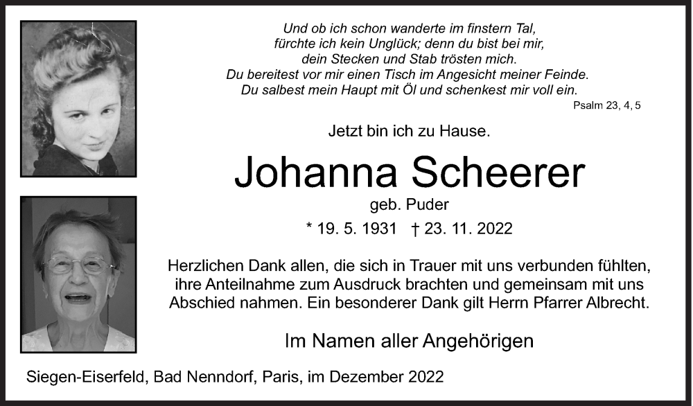  Traueranzeige für Johanna Scheerer vom 23.12.2022 aus Siegener Zeitung