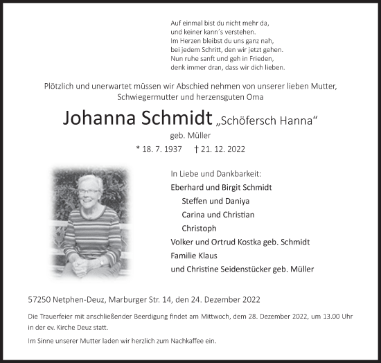 Traueranzeige von Johanna Schmidt von Siegener Zeitung