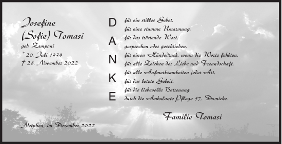 Traueranzeige von Josefine Tomasi von Siegener Zeitung
