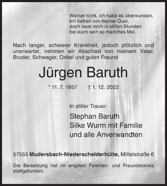 Traueranzeige von Jürgen Baruth von Siegener Zeitung