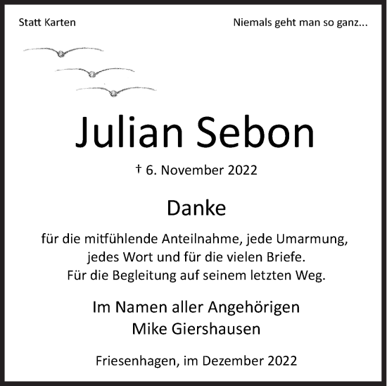 Traueranzeige von Julian Sebon von Siegener Zeitung
