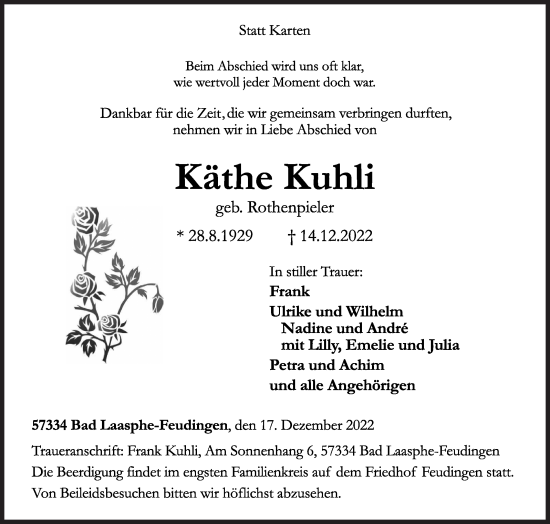 Traueranzeige von Käthe Kuhli von Siegener Zeitung