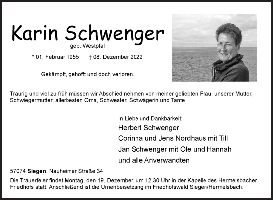 Traueranzeige von Karin Schwenger von Siegener Zeitung