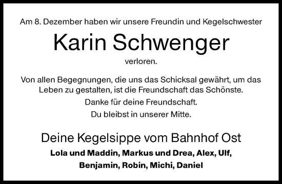 Traueranzeige von Karin Schwenger von Siegener Zeitung