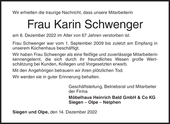Traueranzeige von Karin Schwenger von Siegener Zeitung