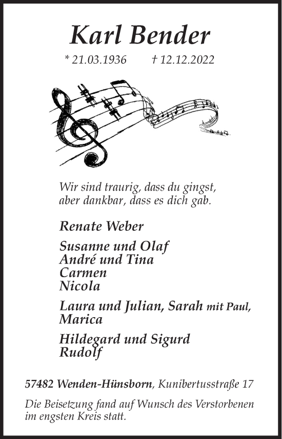 Traueranzeige von Karl Bender von Siegener Zeitung