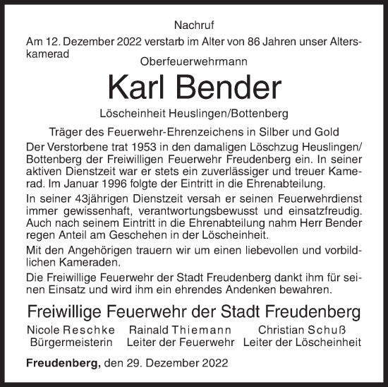 Traueranzeige von Karl Bender von Siegener Zeitung