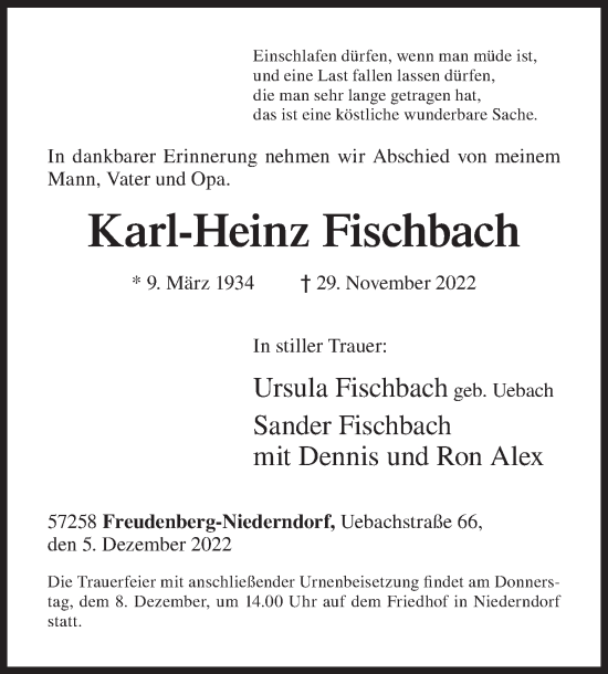 Traueranzeige von Karl-Heinz Fischbach von Siegener Zeitung