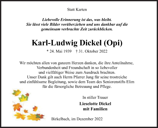 Traueranzeige von Karl-Ludwig Dickel von Siegener Zeitung