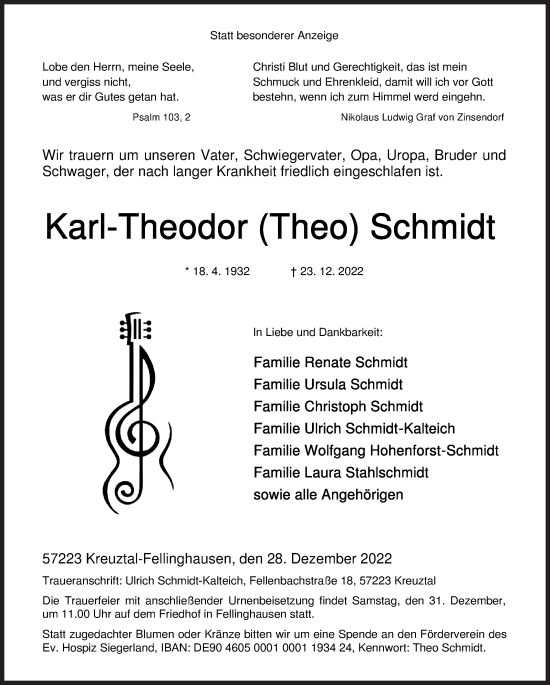Traueranzeige von Karl-Theodor  Schmidt von Siegener Zeitung
