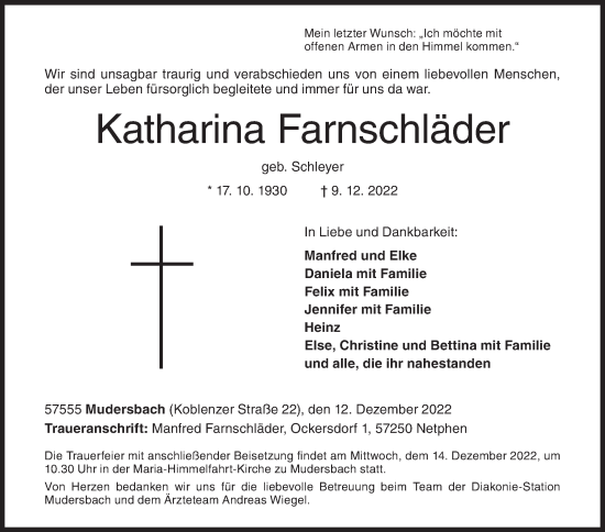 Traueranzeige von Katharina Farnschläder von Siegener Zeitung