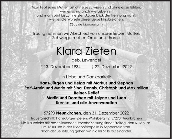 Traueranzeige von Klara Zieten von Siegener Zeitung