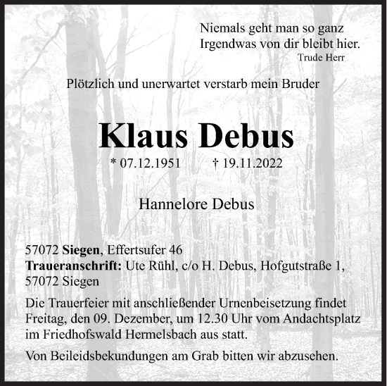 Traueranzeige von Klaus Debus von Siegener Zeitung