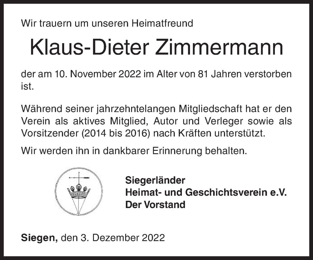  Traueranzeige für Klaus-Dieter Zimmermann vom 03.12.2022 aus Siegener Zeitung