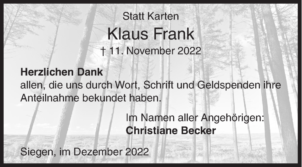  Traueranzeige für Klaus Frank vom 10.12.2022 aus Siegener Zeitung