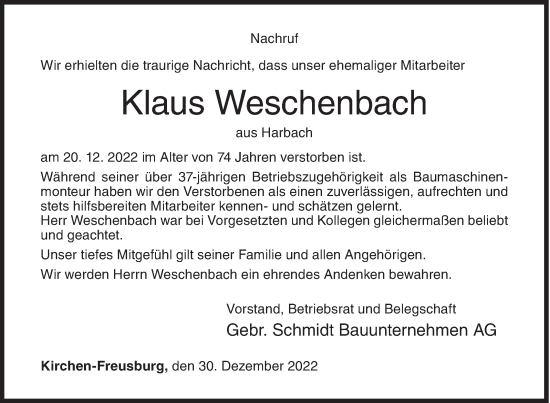 Traueranzeige von Klaus Weschenbach von Siegener Zeitung