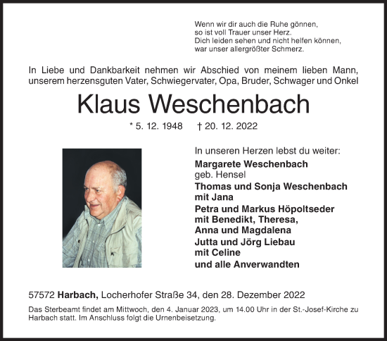 Traueranzeige von Klaus Weschenbach von Siegener Zeitung