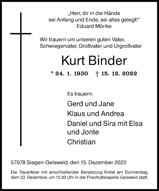 Traueranzeige von Kurt Binder von Siegener Zeitung