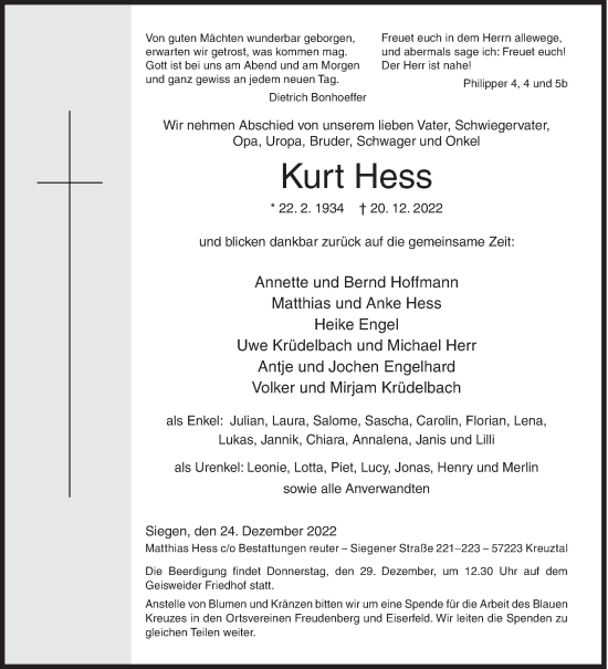 Traueranzeige von Kurt Hess von Siegener Zeitung
