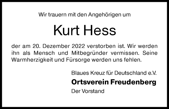 Traueranzeige von Kurt Hess von Siegener Zeitung