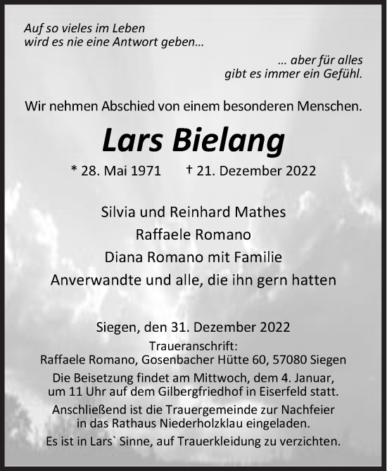 Traueranzeige von Lars Bielang von Siegener Zeitung