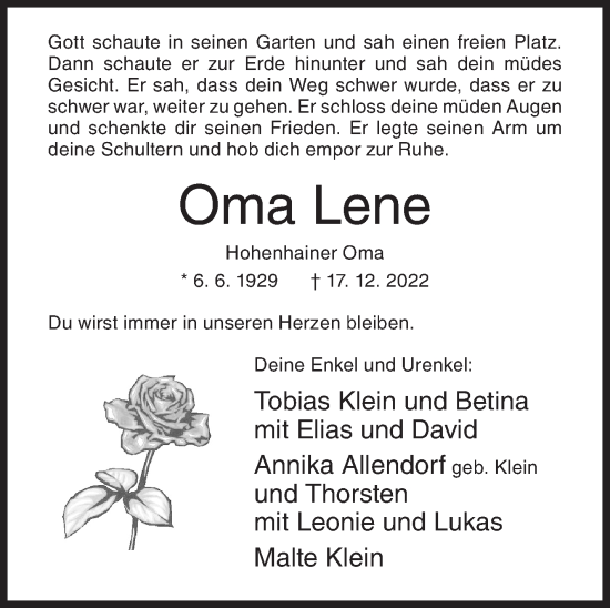 Traueranzeige von Lene  von Siegener Zeitung