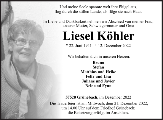 Traueranzeige von Liesel Köhler von Siegener Zeitung