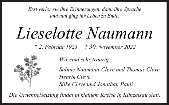 Traueranzeige von Lieselotte Naumann von Siegener Zeitung