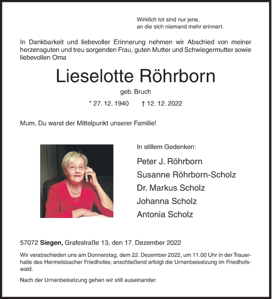 Traueranzeige von Lieselotte Röhrborn von Siegener Zeitung