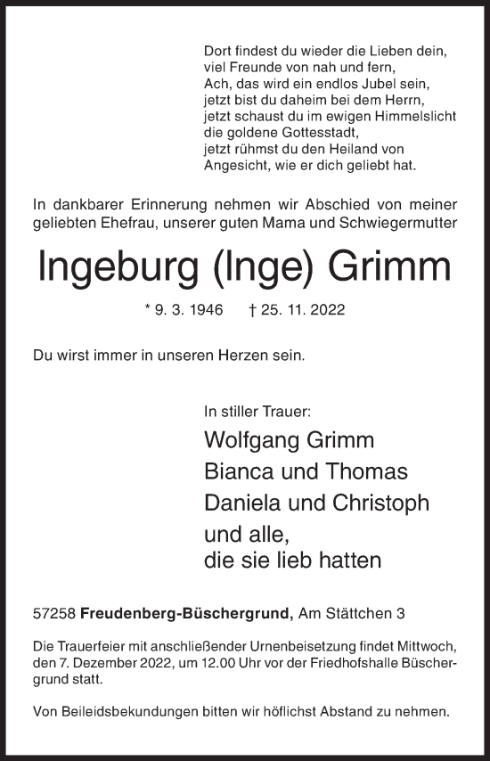Traueranzeige von lngeburg Grimm von Siegener Zeitung